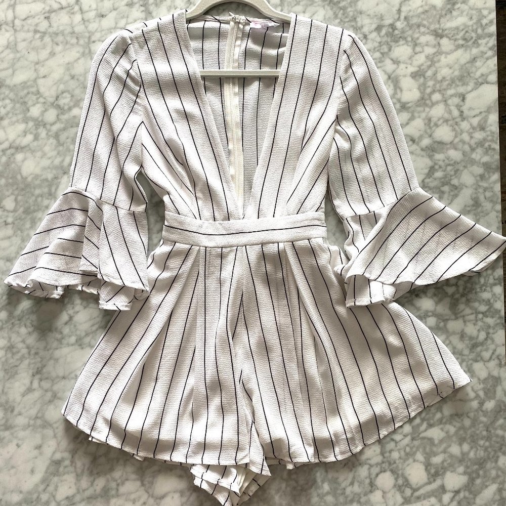L'ATISTE Pinstripe White and Black Deep V Romper